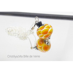 Collier "Dalia" - perle de verre - argent et Strass - Orange et Blanc